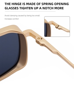 Detail of metal square frame sunglasses showing flexible spring hinge for comfort