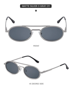 Front and 45-degree side views of matte silver vintage oval sunglasses with gray lenses