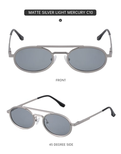 Detailed front and 45-degree angle views of vintage matte silver metal oval sunglasses