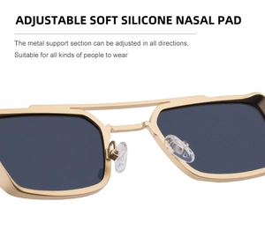 Detail of adjustable metal arms and soft silicone nose pads on square sunglasses