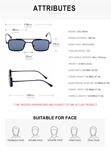 Detailed technical specifications and dimensions for square steampunk metal sunglasses