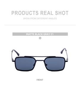 Steampunk square frame matte black sunglasses with gray lenses and double bridge design