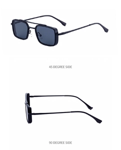 Detailed side views of square metal sunglasses featuring double bridge and nose pads