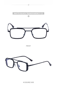 Detail of matte black metal square frame sunglasses with double bridge retro design