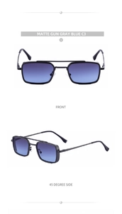 Detail of matte gun gray square steampunk sunglasses with blue gradient lenses