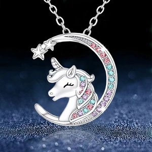 S925 silver unicorn and moon necklace with colorful zircon stones on starry background