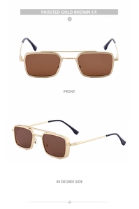 Detail view of square steampunk sunglasses with frosted gold metal frame and brown lenses