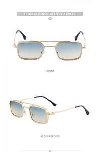 Front and 45 degree side view of frosted gold steampunk sunglasses with gradient lenses