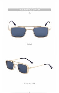 Detail view of square metal steampunk sunglasses with frosted gold frames and gray lenses
