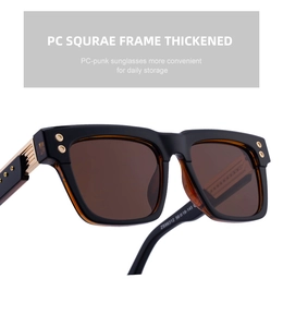 Macro shot of thick square frame sunglasses featuring gold hexagonal rivet ornaments