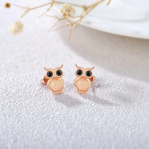 Cute Owl Stud Earrings Copper With 925 Sterling Silver Earring Post Black Rhinestone Animal Jewelry For Women Girls