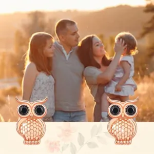 Exquisite rose gold owl earrings with black gem eyes and detailed textured patterns
