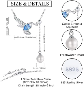 Adjustable hummingbird pendant necklace with blue cubic zirconia and freshwater pearl