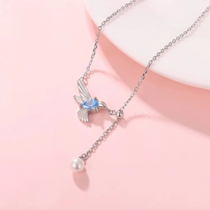 Hummingbird Pendant Necklace Copper With Blue Cubic Zirconia And Artificial Pearl Adjustable Animal Jewelry Gift For Women Elegant