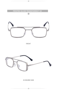 Detail view of frosted silver metal rectangle sunglasses with double bridge design