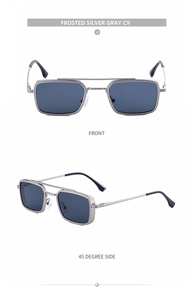Frosted silver gray square metal sunglasses for men with double bridge design details