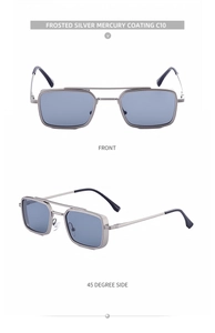 Close-up of frosted silver metal square sunglasses with grey mercury coating lenses