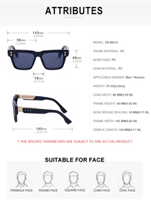 Detailed size chart and product specifications for vintage square frame sunglasses