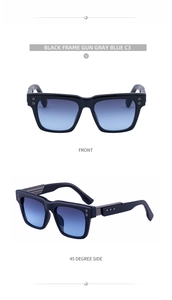 Square frame sunglasses with black frame, blue gradient lenses and metal rivet details