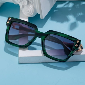 Polarized square sunglasses with green marble frame and blue gradient lenses