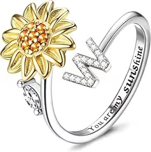 Detail of sunflower ring with letter W and You are my sunshine engraving