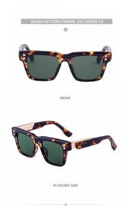Front and 45-degree side views of square bean pattern sunglasses with G15 green lenses