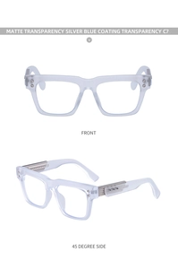 Detail view of matte transparent blue square frame sunglasses with silver hinge accents