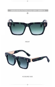 Detail view of square green bean pattern sunglasses with gold metal hinges and rivets