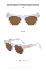 Detailed front and side view of matte transparent white sunglasses with brown lenses