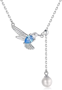 Adjustable hummingbird necklace with a blue teardrop stone and a white pearl pendant