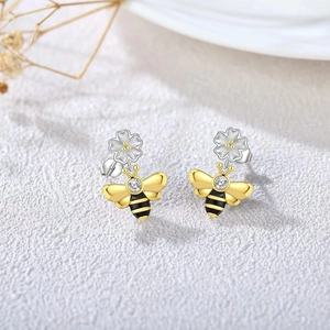 Boucles D'oreilles Abeille Fleur Cuivre Zircon Email Avec Tige En Argent Sterling 925 Bijoux De Mode Doux Pour Femme