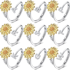 Sunflower Spinning Initial Letter Ring Copper Cubic Zirconia Rotating Anti Anxiety Open Adjustable Jewelry For Women