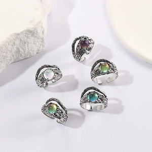 Set of 5 vintage moonstone rings with silver bark texture and colorful oval gemstones