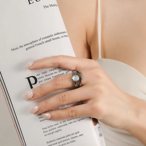 Retro moonstone star series open ring featuring textured silver metal finish