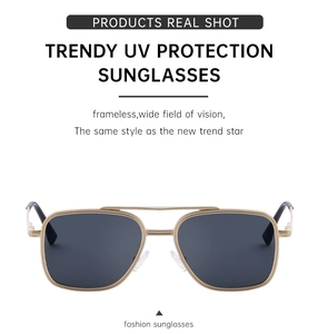 Detail of UV protection sunglasses featuring square metal frames and dark tinted lenses