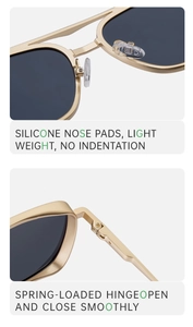 Detailed view of flexible spring hinges and soft silicone nose pads on gold metal sunglasses