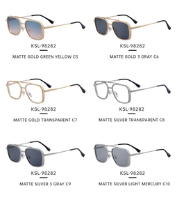 Detail view of square frame sunglasses showing metal double bridge and matte finish legs
