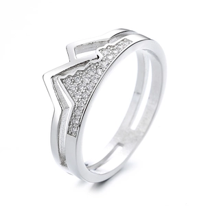 Silver mountain range couple ring with micro-paved zircons and adjustable open band