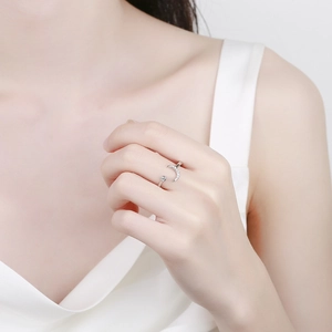 Adjustable silver moon ring with sparkling zircon and cubic zirconia for women