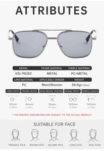 Detailed size guide for retro square sunglasses with metal frame and PC lens specifications