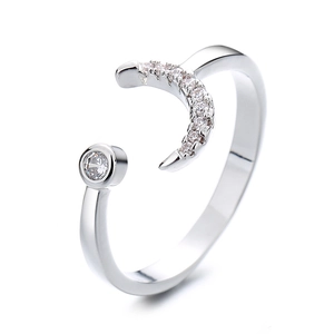 Adjustable silver moon star open ring with cubic zirconia moon and round stone detail