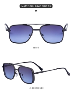 Dual-angle view showing matte gun gray frame and blue gradient lenses of sunglasses