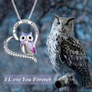 Collier avec pendentif hibou et cœur, gravure I Love You Forever et émail violet