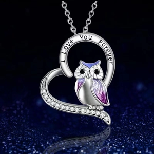 Collier Pendentif Hibou Cœur Cuivre Plaqué Or Blanc Avec Émail Violet Zircon Gravure I Love You Forever Bijoux Femmes