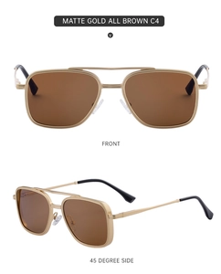 Front and side view of matte gold double-bridge square aviator sunglasses with brown lenses