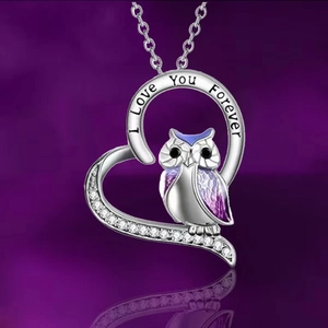 Collier hibou en forme de cœur avec gravure I Love You Forever et émail violet
