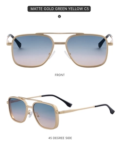 Front and side view of matte gold square sunglasses with blue to pink gradient lenses