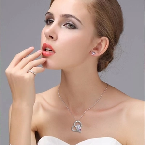 Parure collier hibou coeur en argent S925 avec zircon violet et gravure d'amour