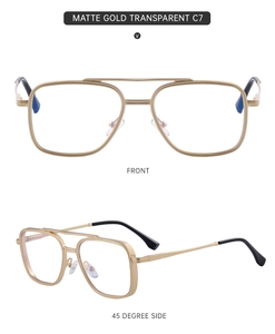 Front and side view of matte gold double-bridge pilot eyewear frames with clear lenses