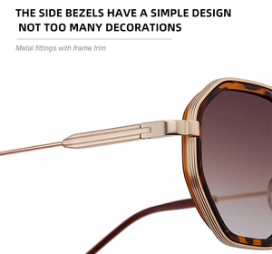 Detailed close-up of the vintage polygon sunglasses showing gold metal temple and tortoise frame
